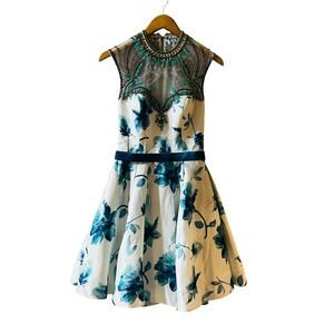 Formal Blue Printed Studded Open Back Sleeveless Dress Size XS